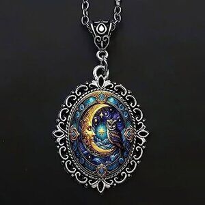 Silver CELESTIAL Moon OWL Pendant Necklace